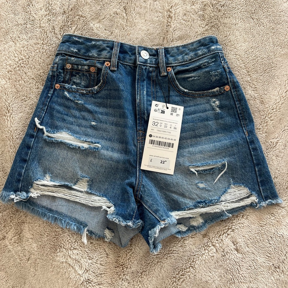 Stradivarius Blue Distressed Jean Shorts
